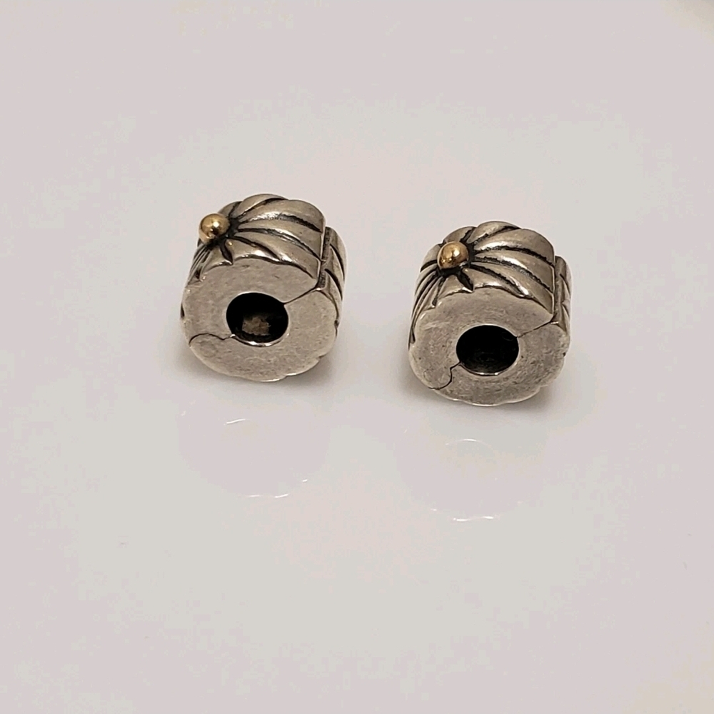 Pandora Sunburst Clips 925 SS & 14K Gold Set Of 2 - Picture 3 of 10